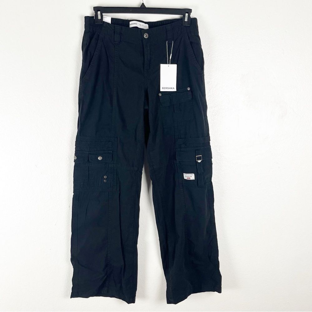 BERSHKA Black 100% Cotton Low Rise Cargo Pants Size Large Skater Grunge Academia